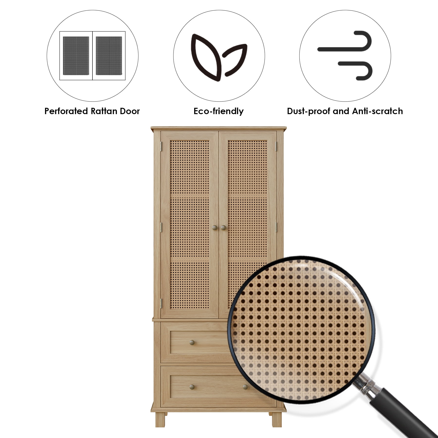 Homfa Rattan Cabinet with Doors, Tall Storage Cabinet with 2 Drawers, Narrow Accent Versatile Cabinet for Living Room, Oak