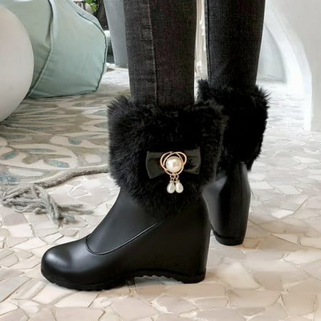 

Zedker Women Boots Wide Calf Womens Snow Boot Women Warm Solid Boots Round Toe Bow Booties Wedge High Heel Boots Shoes
