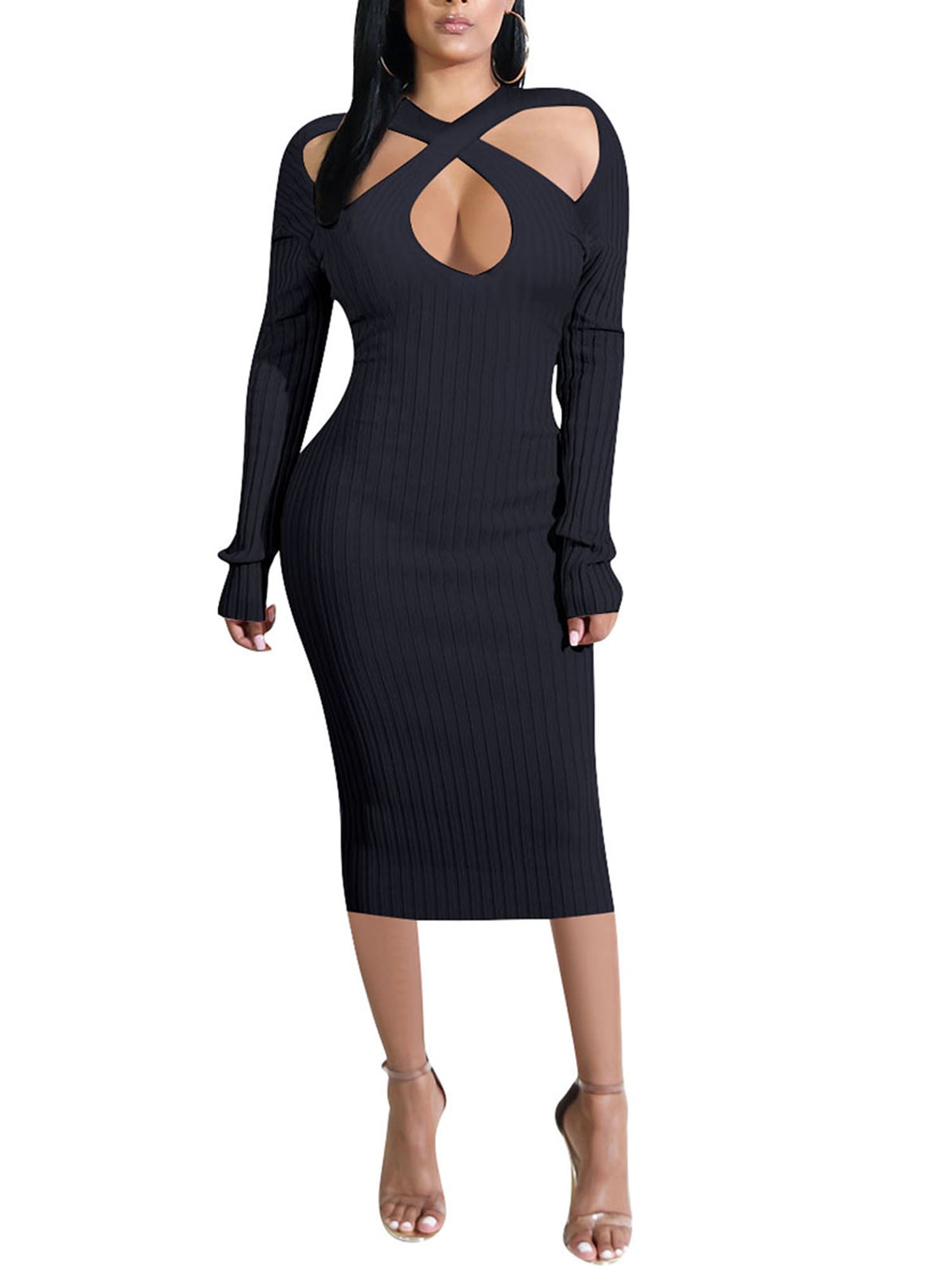 Ladies Ribbed Cut Out Shoulder Jumper Womens Plain Long Sleeve Bodycon Dress 