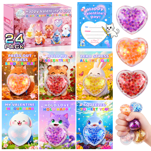 Valentines Day Gifts for Kids Classroom, 24 Pack Valentines Day Cards with Heart Stress Balls, Valentines Exchange Cards for Boys Girls School Classroom Party Favors