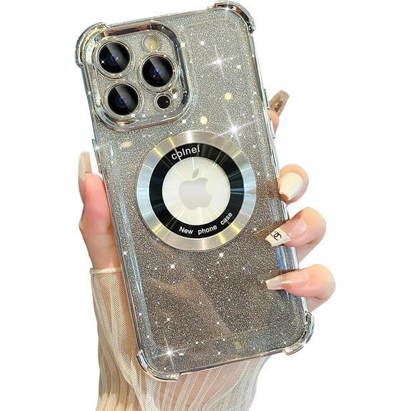 Compatible with iPhone 14 Pro Max Case MagSafe Glitter Cute Bling Plating Luxury Cutout Visible Logo Camera Protection Phone Cases Compatible with Magnetic for Women Girls 6.7" - Silver