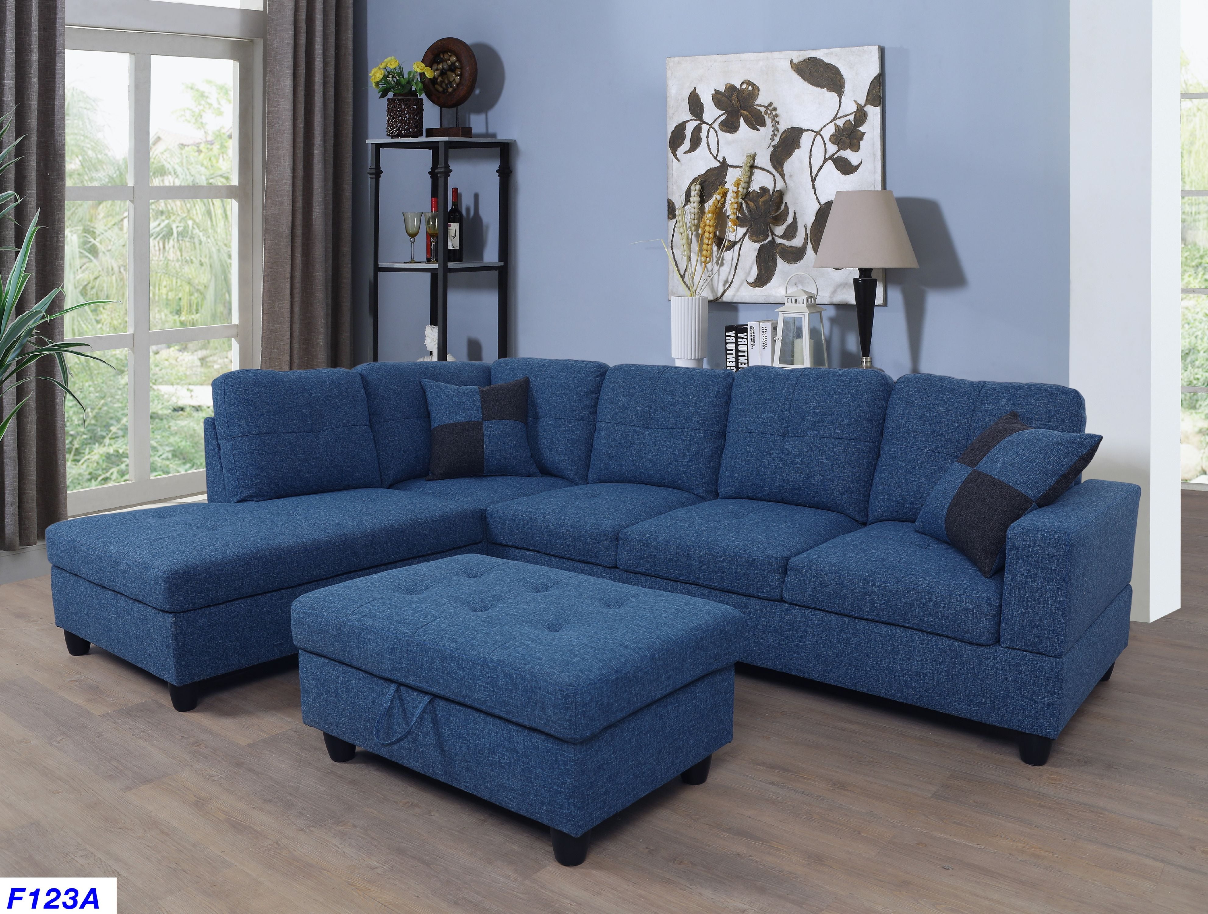 Jade Left Facing Linen Sectional Sofa with Ottoman, Blue - Walmart.com