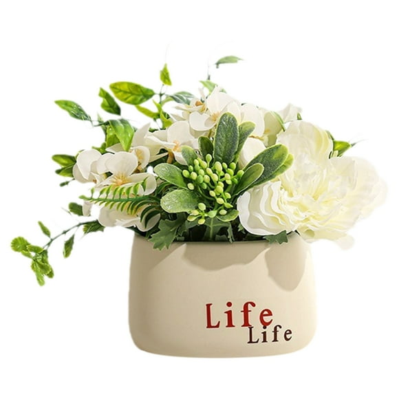 White Peony - Life Potted Plant Ornament, Elegant White Peony Artificial Arrangement in "Life" Pot: 7.09×4.92 Inches Soft Decor for Home Tabletop & Shelf Display, Potted Plant Ornament *1 Piece