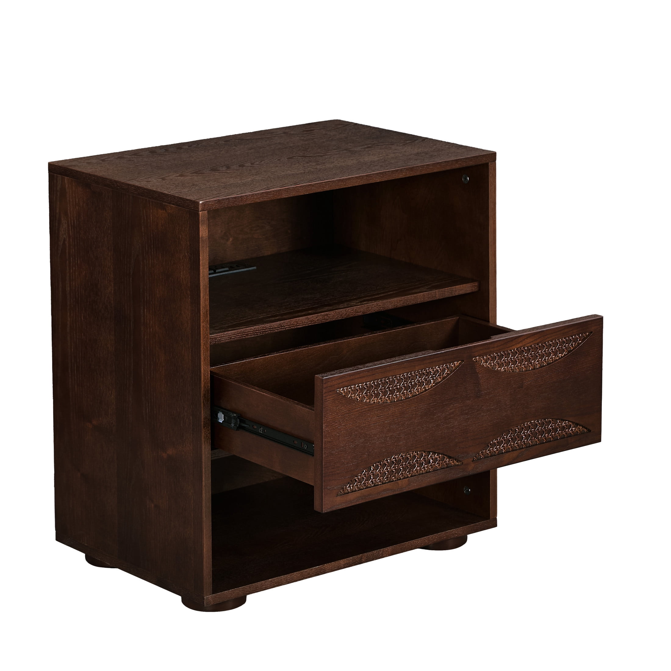 GDF Studio 23.2" Mid Century Modern Rattan Nightstand with Charging Station, Drawer & 2 Open Shelves, Walnut