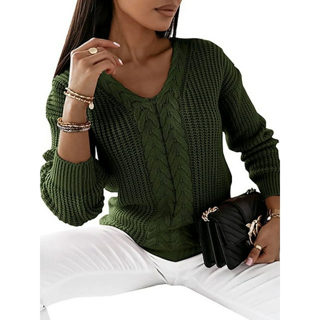 LUXUR Chandails Tricotés Épais pour Femmes Tricot Chic Chandail Vert Armée P