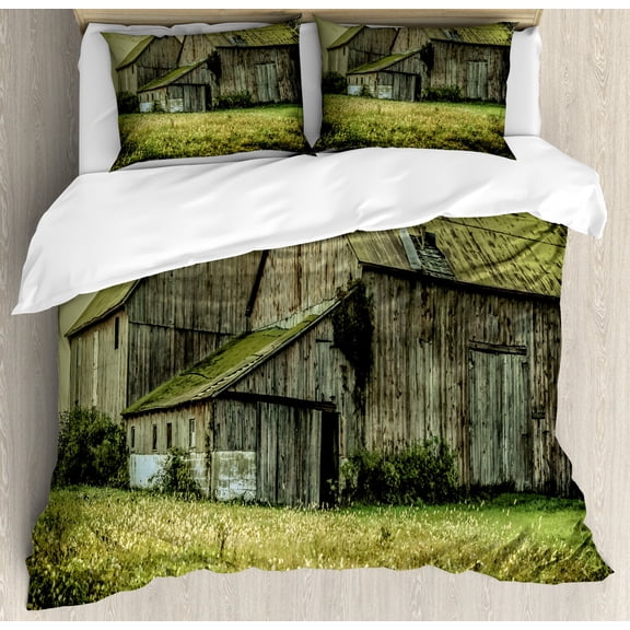 Country Duvet Cover Set Queen Size, Farmer Field Barn Warehouse Midwest American Style Antique Ancient Artwork Print, Decorative 3 Piece Bedding Set with 2 Pillow Shams, Multicolor, by Ambesonne