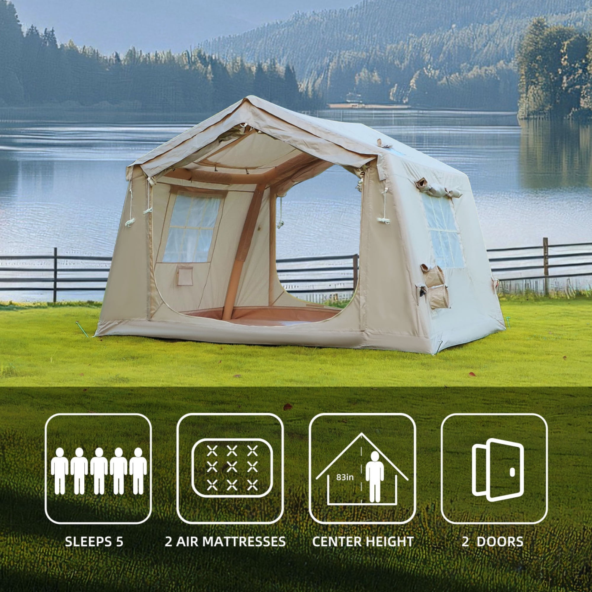 8 ㎡   Inflatable Camping Tent with Canopy, 4-Season Waterproof Oxford Air Tent with Hand Pump, Easy Setup Glamping Tent for 4/6/8 Person Adults,Beige