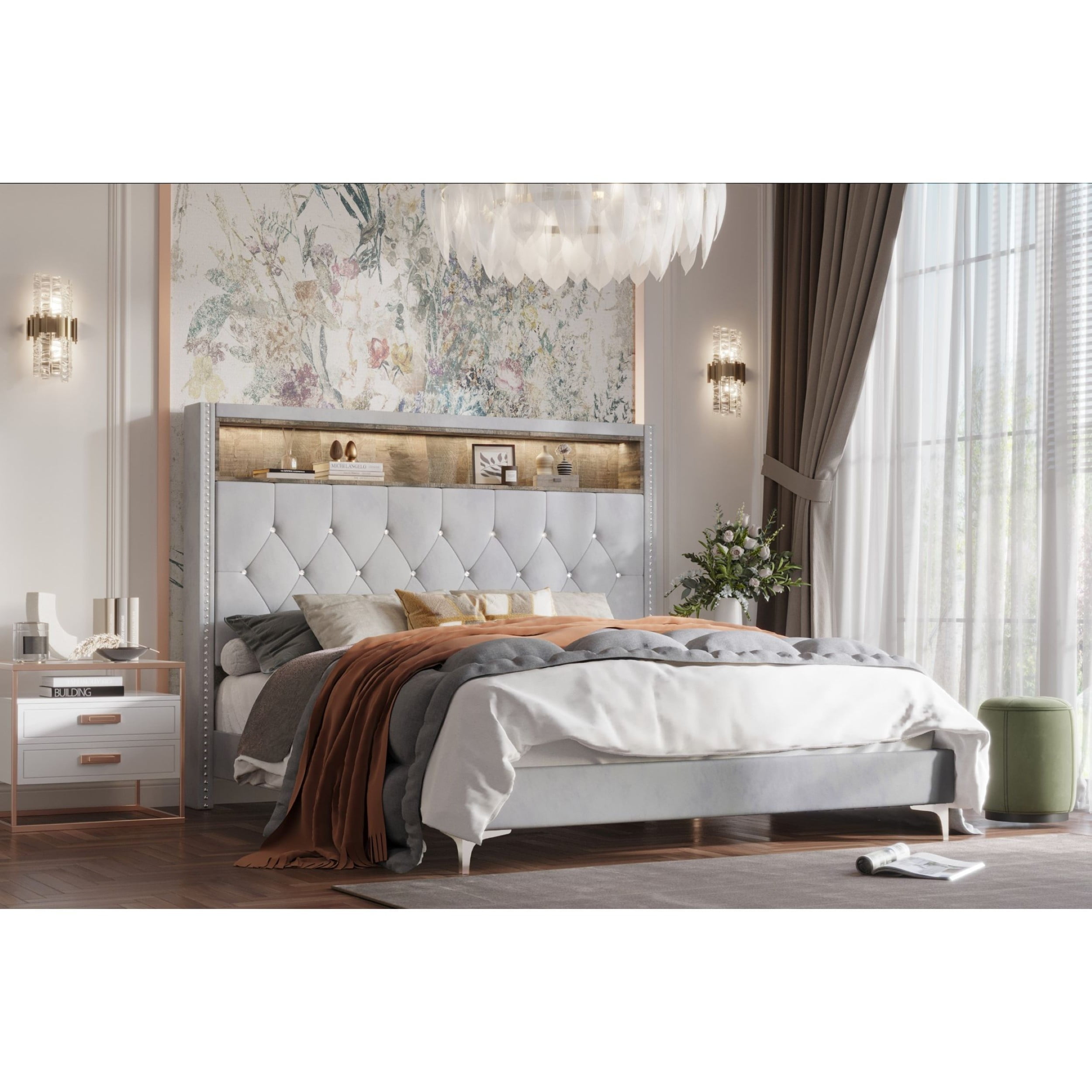 Home Design Javan Full Velvet Upholstered Bookcase Panel Bed Frame for Adult, Silver Gray, Easy Assembly