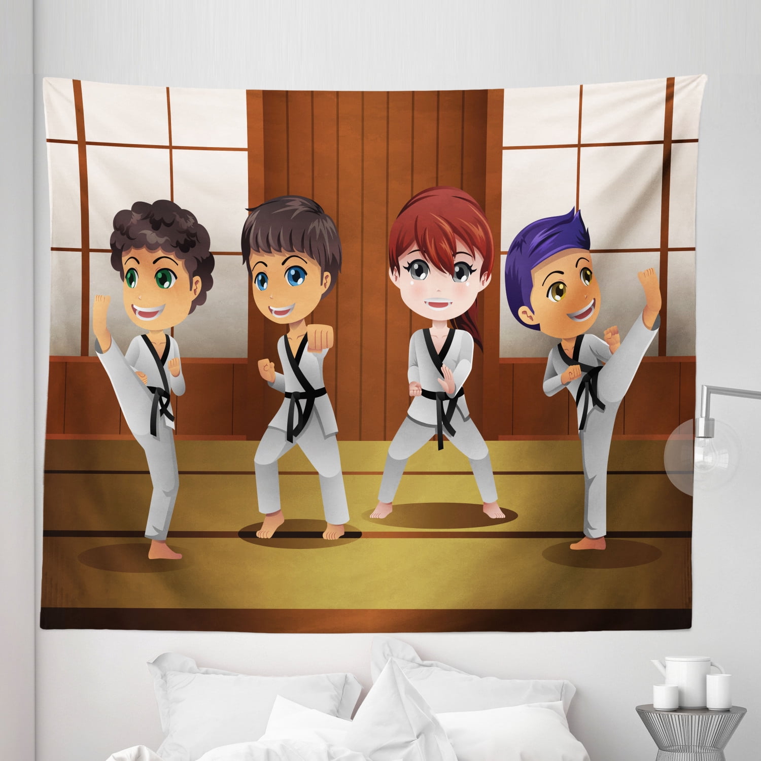 Karate Tapestry, Practicing Martial Arts Self Defence in Dojo Cartoon