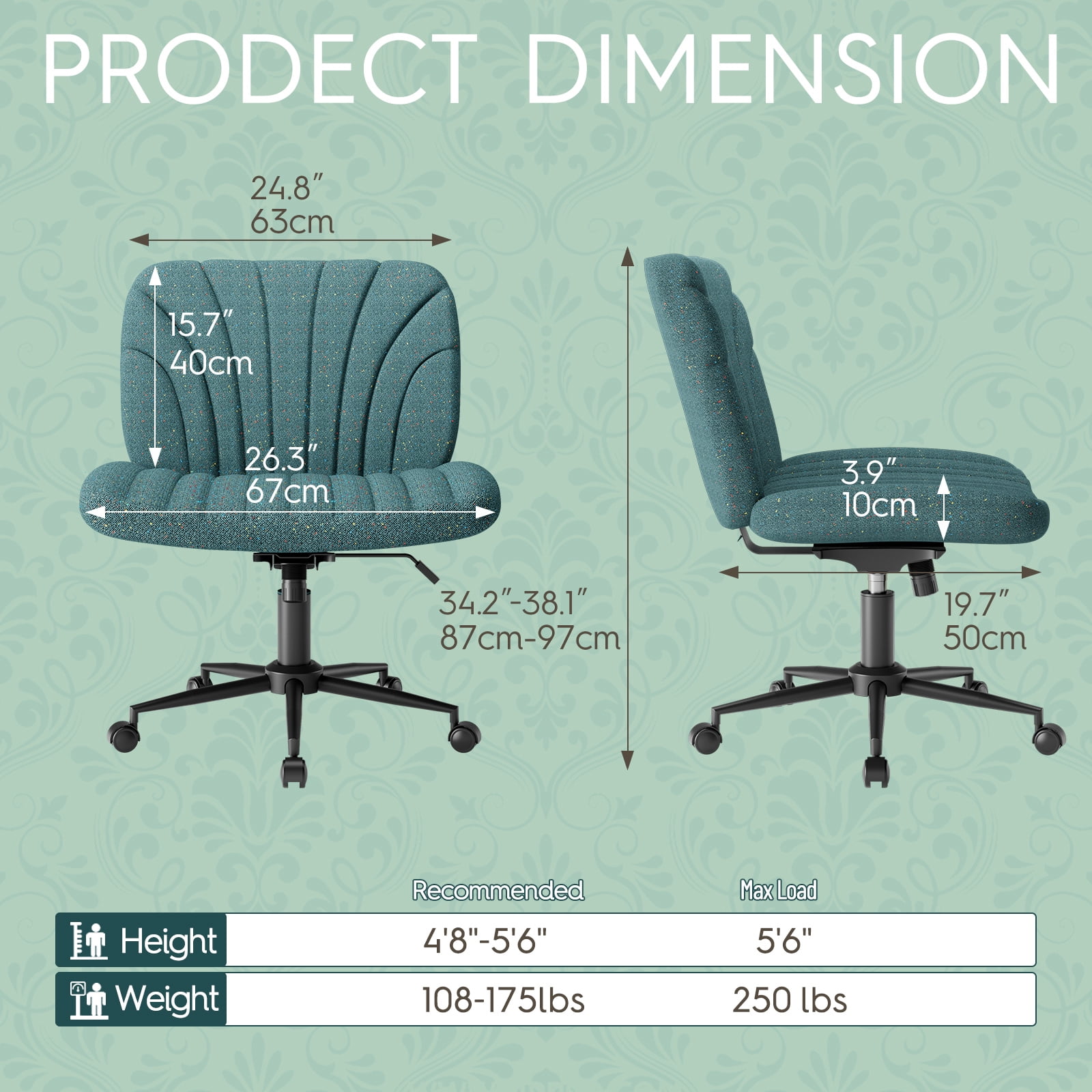 Luxvie Criss Cross Chair with Wheels, Ergonomic Office Cross Legged Swivel Chairs for Adult with Thick Cushion, Oversized Wide Seat Office Desk Comfy Chair for Home Office Vanity Apartment, Green