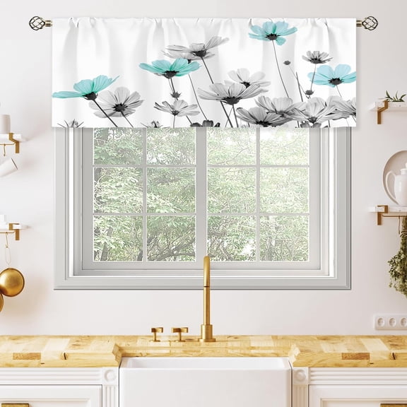 Farmhouse Teal Grey Floral Valances Kitchen Curtains Rustic Watercolor Blue Flower Window Drapes Turquoise Daisy Plant Bathroom Living Room Treatment Tier Fabric 1 Panel 52Wx18H Inch