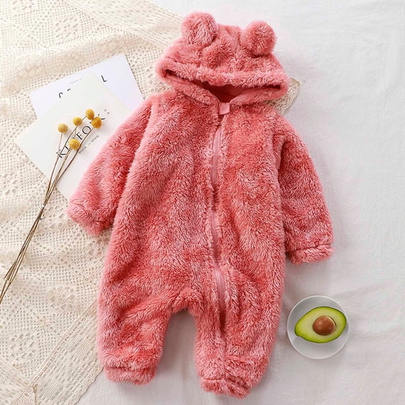 TMOYZQ Newborn Baby Girls Boys Cute Bear Zip Front Fleece Snowsuit Toddler Infant Hooded Plush Jumpsuit Romper Winter Fall Warm Coat Outfits 0-3T