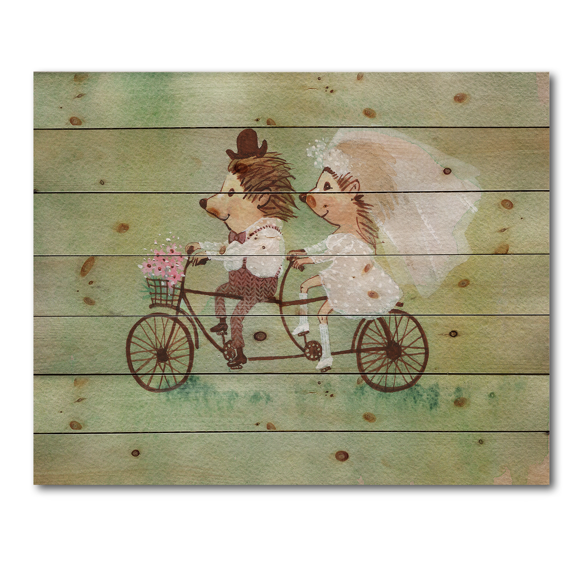 Designart 'Wedding Couple of Hedgehogs Riding A Bike' Traditional Print on Natural Pine Wood