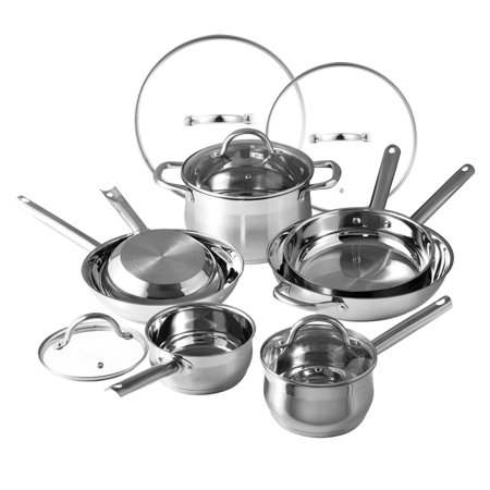 Gourmet by Bergner - 12 Pc Stainless Steel Pots and Pans Cookware Set  12 Pieces  Polished