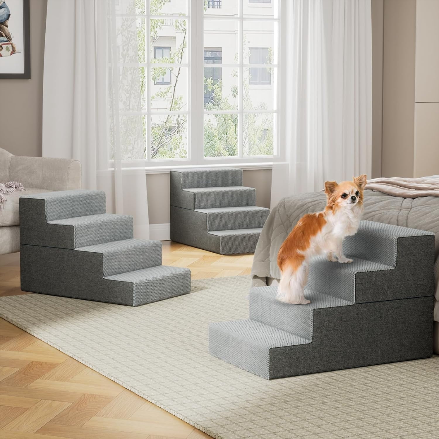 Large Dog Stairs for High Beds - 24 Inches Tall Extra Wide Pet Steps for Large Dogs to Get on Bed 4 Deep Step for Couch
