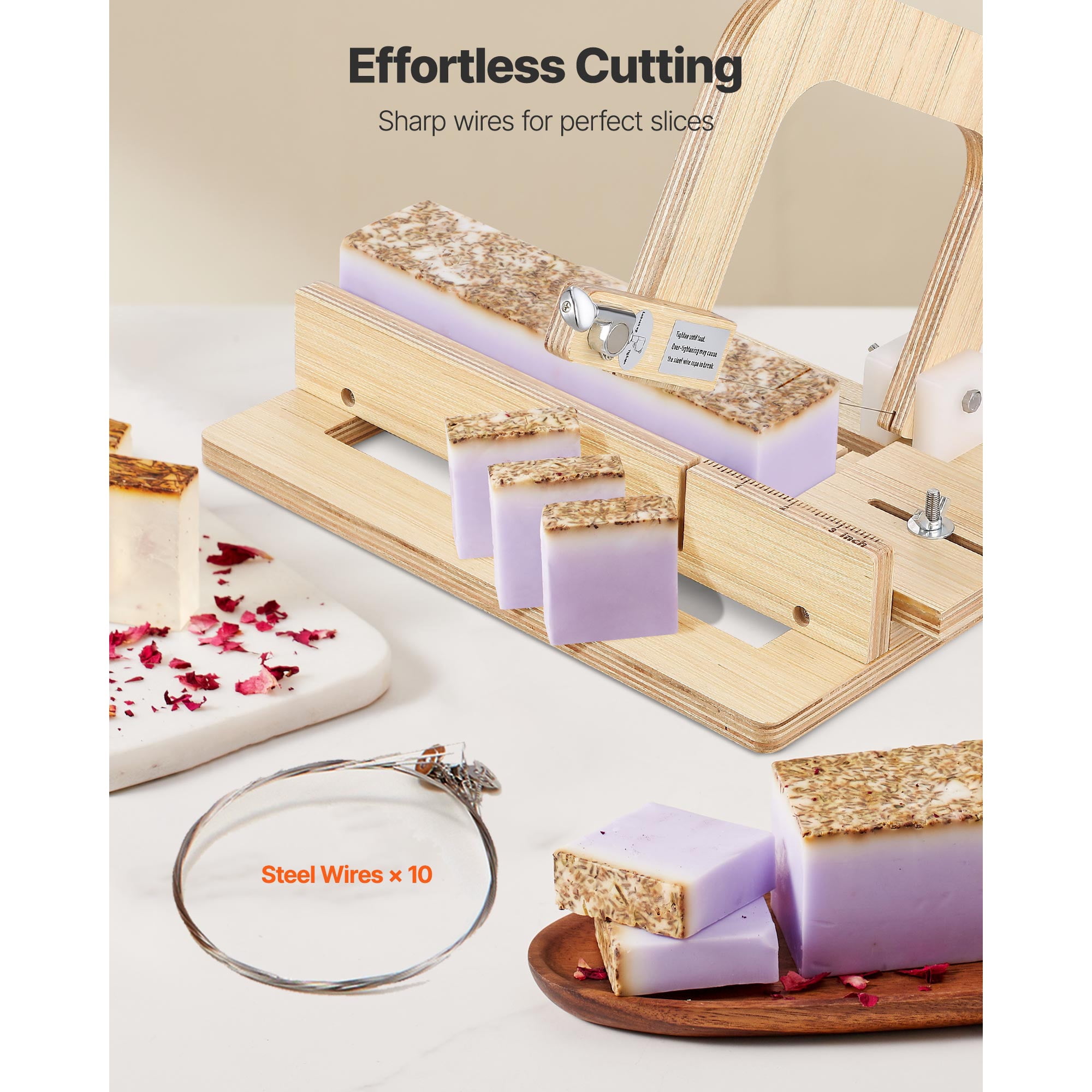 KFFKFF Adjustable Soap Cutter, 0-2 Inch Thickness, Wooden Soap Slicer with Stainless Steel Wire Tension, Includes Extra Wires, Multi-Purpose Tool for Handmade Soaps and DIY Projects