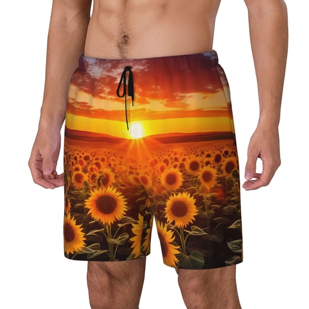 Fotbe Sunset Golden Sunflower Field Traje de Baño para Hombre – Shorts de Natación de Secado Rápido con Forro y Bolsillos-X-Large