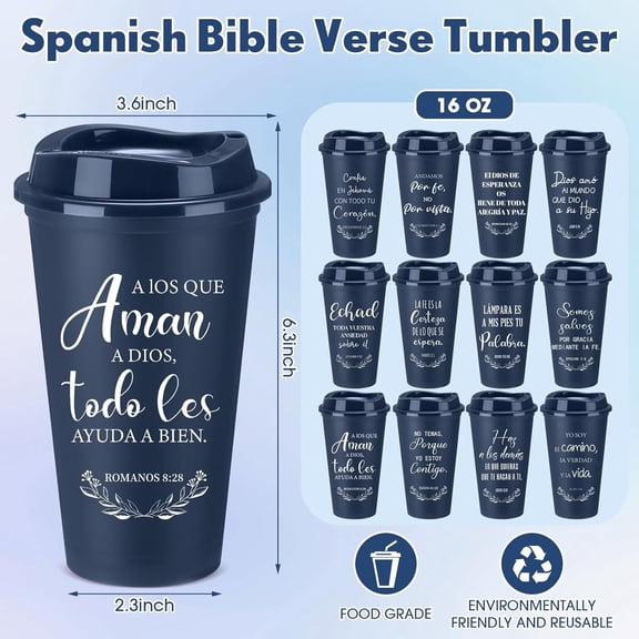Spanish Bible Verse Tumblers Bulk, 16 oz Reusable Plastic Coffee Cups with Lids, Christian Scripture Drinking Cups for Church Events, Teacher Appreciation, Spring Gifts(Midnight Blue,48)