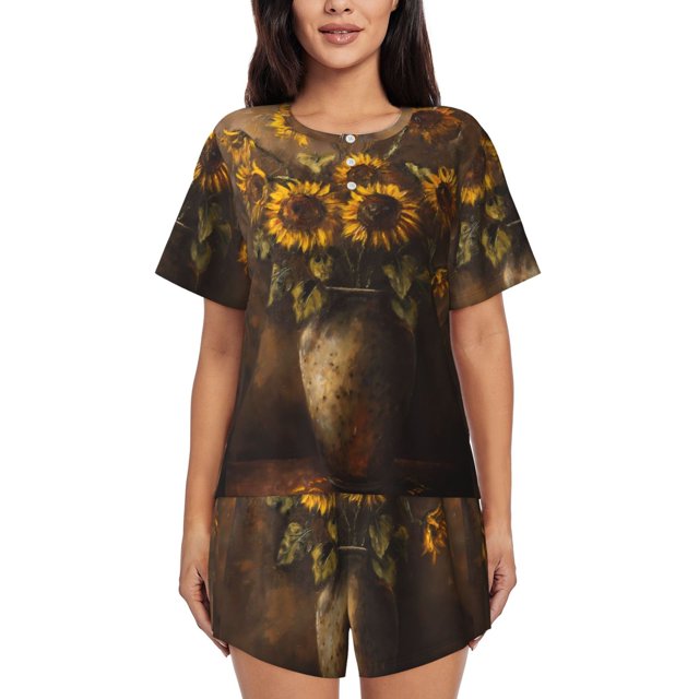 Balery Rustic Sunflower Bouquet Conjunto de Pijama para Mujer con Estampado, Dos Piezas de Manga Corta y Shorts, Ropa de Dormir Suave con Cuello Redondo y Bolsillos-4X-Large