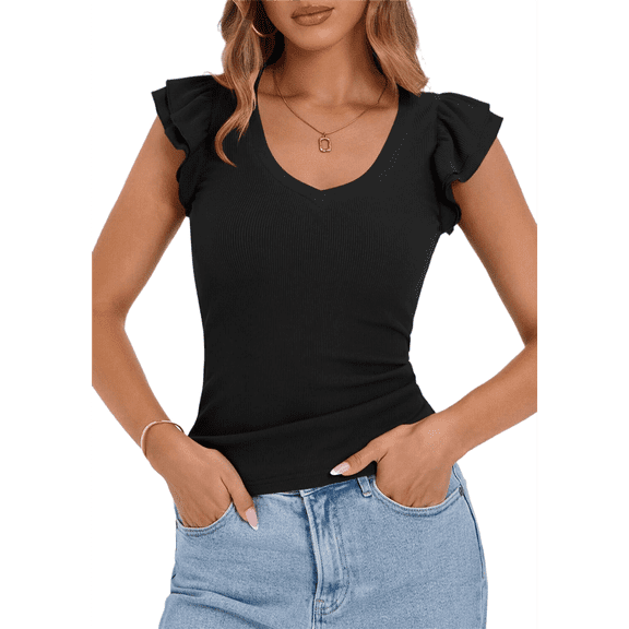 Womens Summer V Neck Ruffle Sleeveless Slim Fit T-Shirts Black S