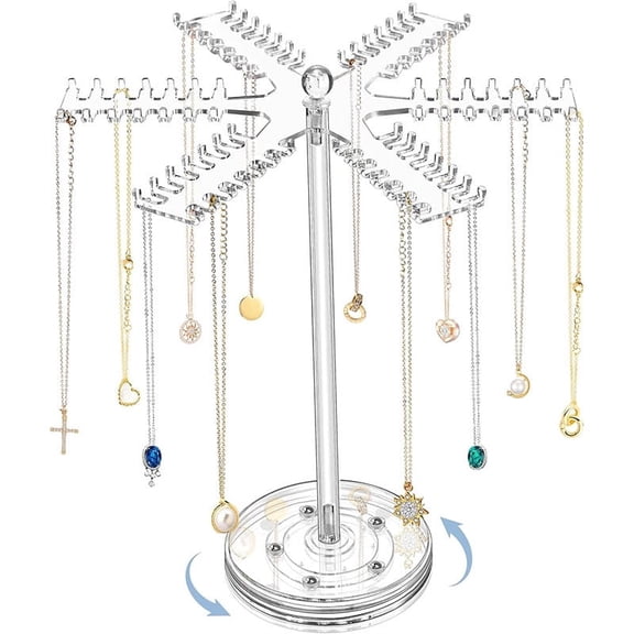 360° Rotating Acrylic Jewelry Display Stand with Hooks & Storage Tray, 84 Hooks Jewelry Organizer for Necklaces, Bracelets, Rings, Keychains & Lipsticks, Gift for Women, Transparent Jewelry Rack