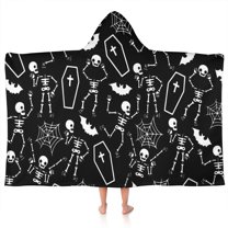 Halloween Skeleton Coffin Pattern Hooded Bath Towel，50"x30" for Ages 3 To 12 Kids, Quick Dry Lightweight Soft Microfiber Hood Beach Towel Cover Up for Kids