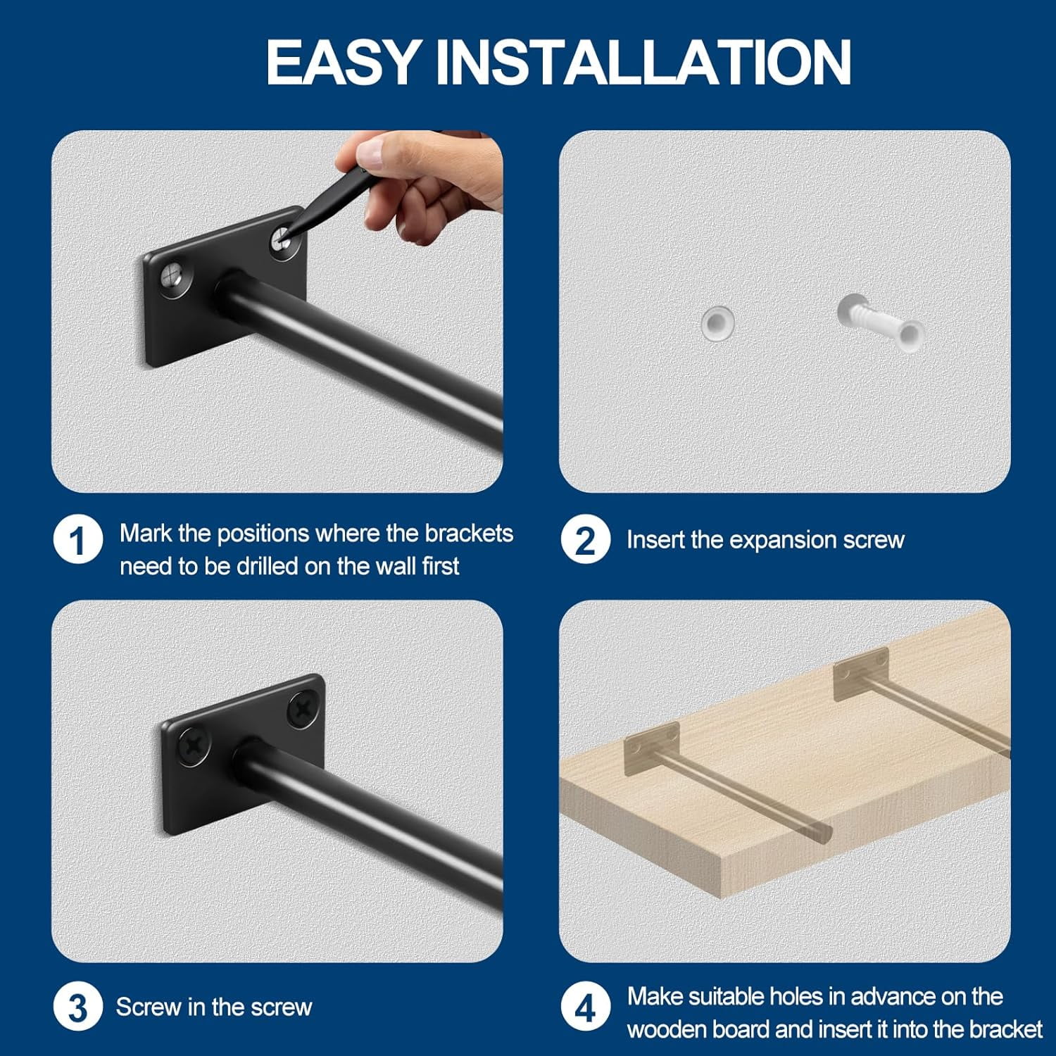 8 Pcs 8" Black Solid Steel Floating Shelf Bracket Blind Shelf Supports - Hidden Brackets for Floating Wood Shelves - Concealed Blind Shelf Support – Screws and Wall Plugs Included