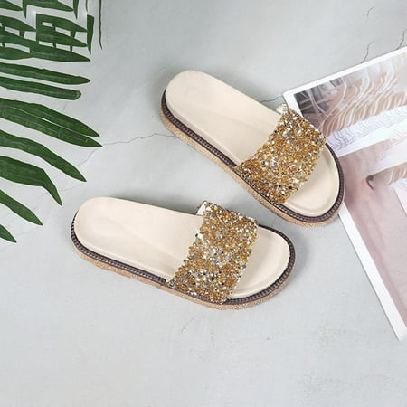 

Women s Rhinestone Sandals Muffin Thick Bottomed Comfy Slip On Flat Shoes