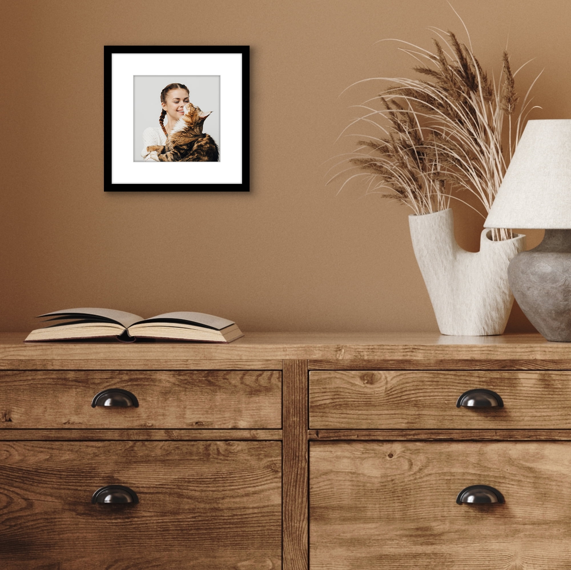Americanflat 6x6 Picture Frame with Shatter-Resistant Glass with 4x4 Mat Display Photo Streamline - Black