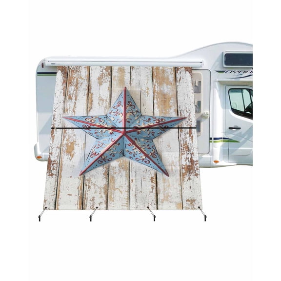 4th of July RV Awning Sun Shade Screen 9'X7' Western Star Teal Mesh Sunscreen Rustic Wood Grain Awning Shade Screen with Zipper UV Blocker Completed Kits for RV Motorhome Camper Travel