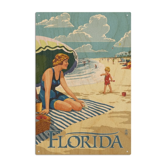 Florida, Beach Scene Birch Wood Wall Sign (6x9 Rustic Home Decor, Ready to Hang Art)