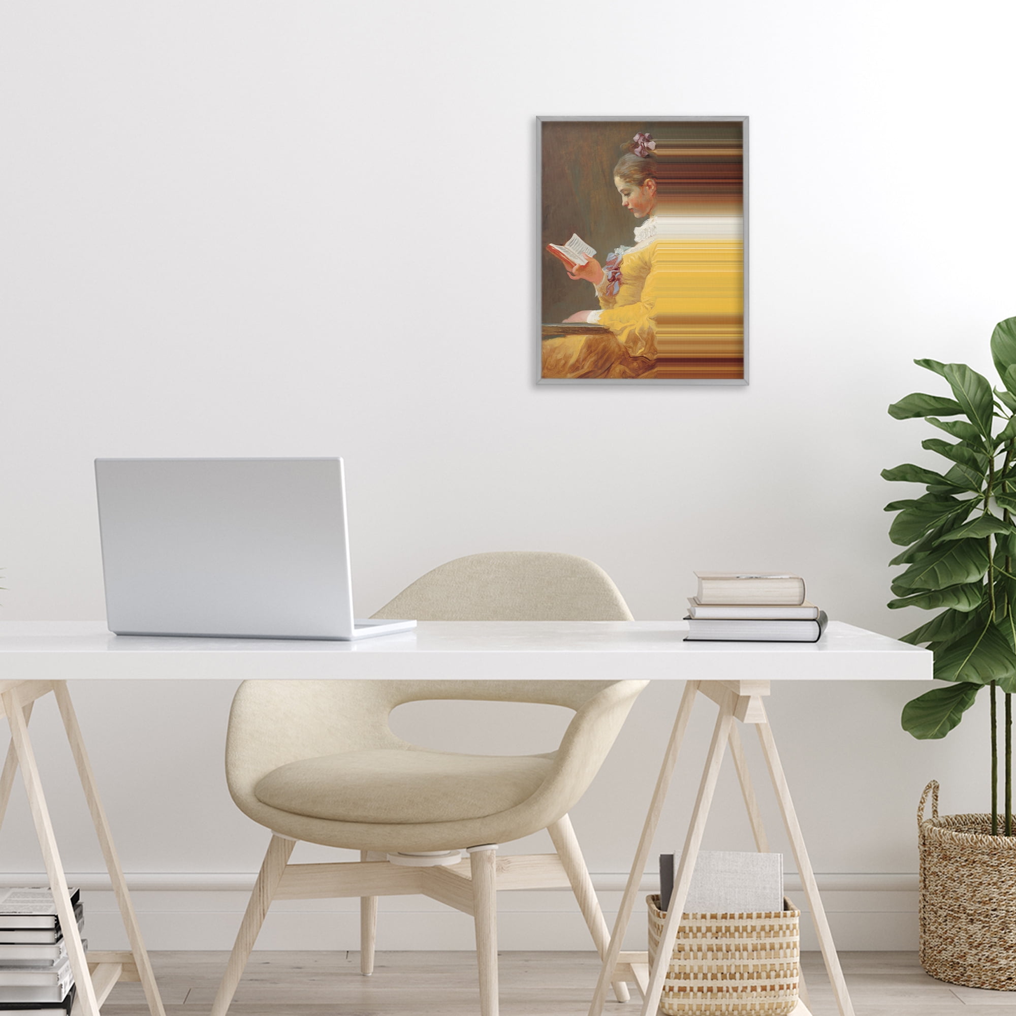 Vintage Lady Reading with Gradient Streaks Gray Framed Giclee Art, design by Seven Trees Design