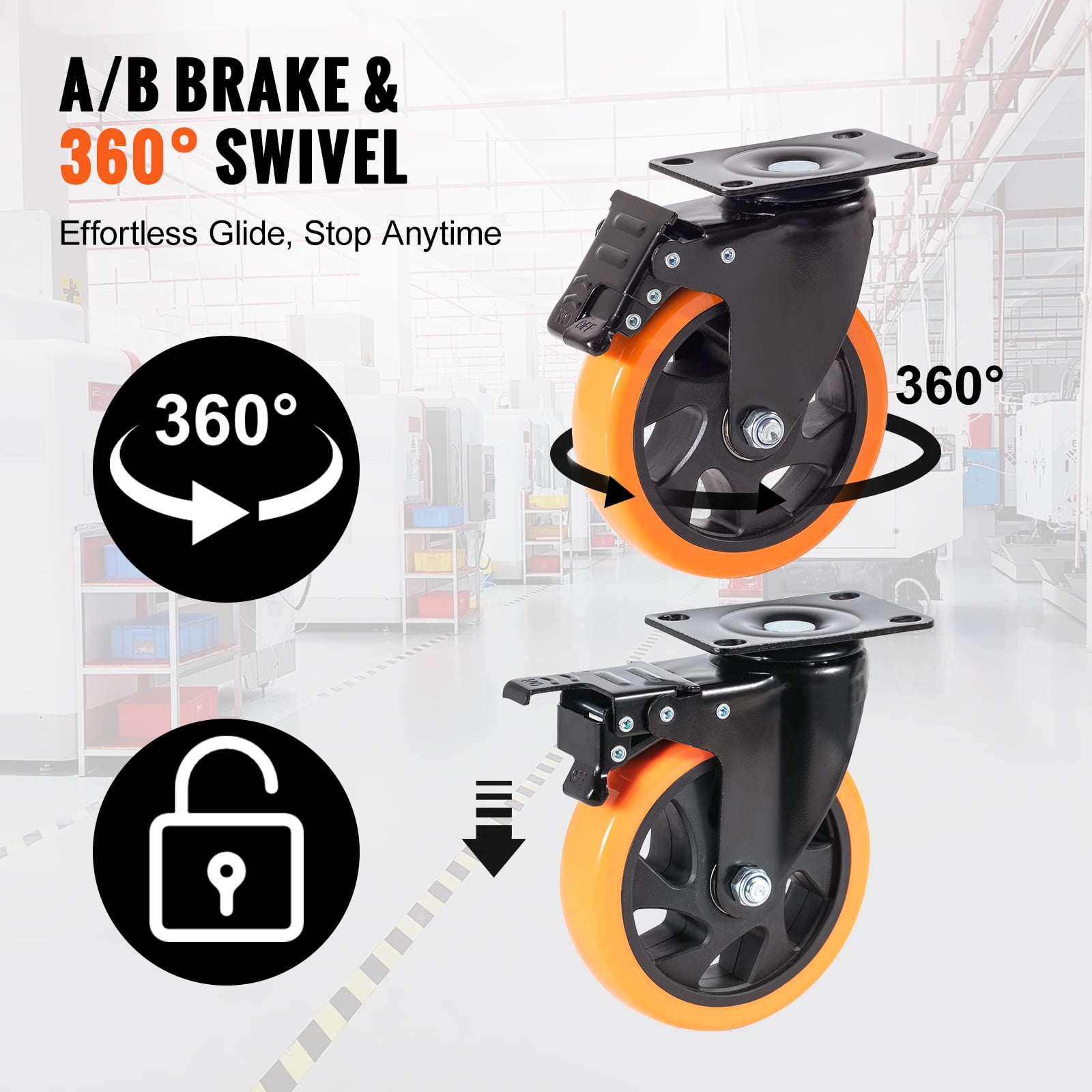 VEVOR Caster Wheels,5-inch Swivel Plate Casters, Set of 4, with Security A/B Locking No Noise PVC Wheels, Heavy Duty 450 lbs Load Capacity Per Caster, Non-Marking Wheels for Cart Furniture Workbench
