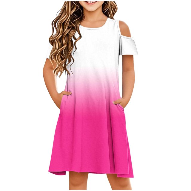Swstbby Liquidation d'Économies d'Été 2025! Robe d'Été pour Filles, Robe Sans Manches Extensible pour Filles, Robe Trapèze Tournoyante Style Patineuse pour Récital d'École, Robe à Manches Courtes à Col Rond Rose Vif 3-4 Ans