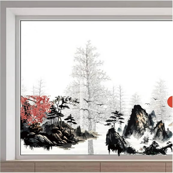 1pc 46x15/116x38cm Large Landscape Wall Stickers Double Sided Mountain Window Decals Scenery Window Cling Non Adhesive Butterfly Static Vinyl Film for Glass Sliding Door Prevent Bird Strikes