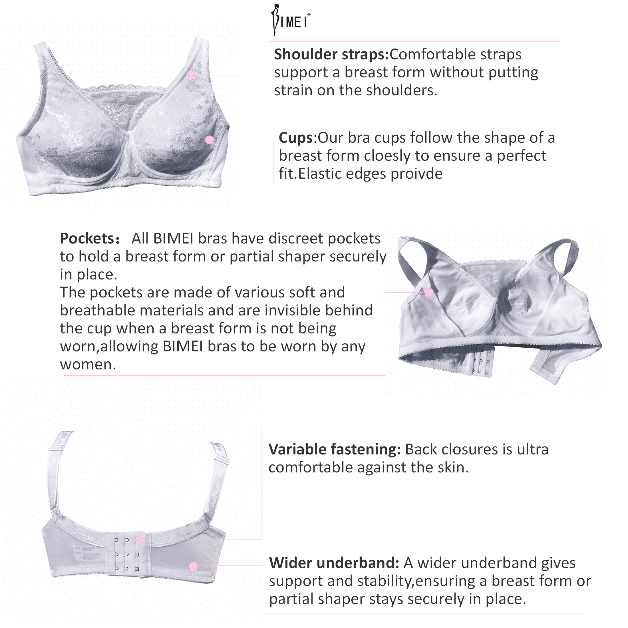 BIMEI Mastectomy Bra with Pockets for Breast Prosthesis Women Wirefree  Everyday Bra plus size 8103,White, 34C 