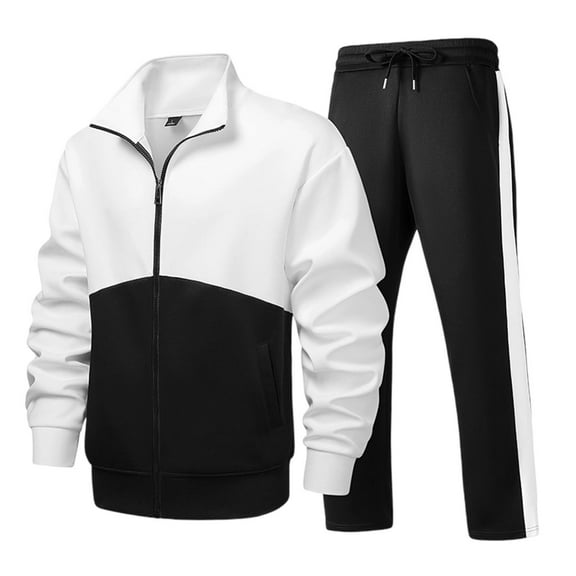 Color Block Sweatsuit for Men Stand Collar Zipper Up Tops Long Pants Sweatshirt and Sweatpants Set Gym Sports Set Black M