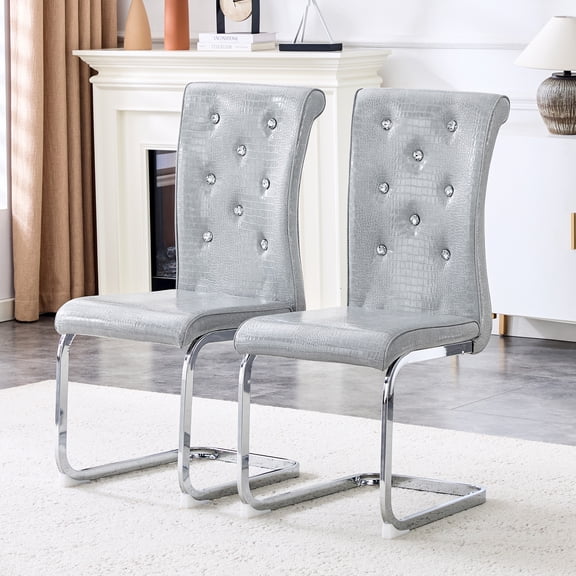 Upholstered Dining Chairs Set of 2, Modern Faux Leather Kitchen Side Chairs, High Back, Metal Legs, Crystal Decor Button Tufted Dining Room Chairs, Gray Silver