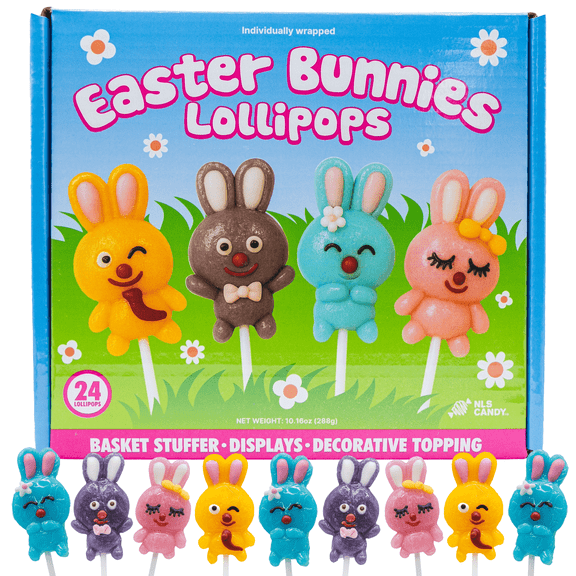 Easter Bunny Lollipops, Assorted Fruit Flavors, Individually Wrapped Candy Pops, 24 Count, 14.2 oz