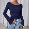 thumbnail image 2 of Long Sleeve Shirts for Women Boat Neck Bell Sleeve Ribbed Ruched Long Sleeve Tops Casual Chic Clothes Womens Sweatshirt Blue L, 2 of 4