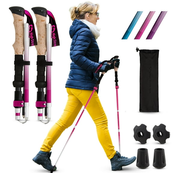 High Stream Gear WOMEN'S Foldable Hiking Poles, 2 sticks for trekking and walking (Pink)