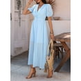 thumbnail image 6 of Women Summer Casual Midi Dress Puff Sleeve V Neck Ruched Button Front Split Boho Beach Vacation Wedding Dresses 2025 S, 6 of 9