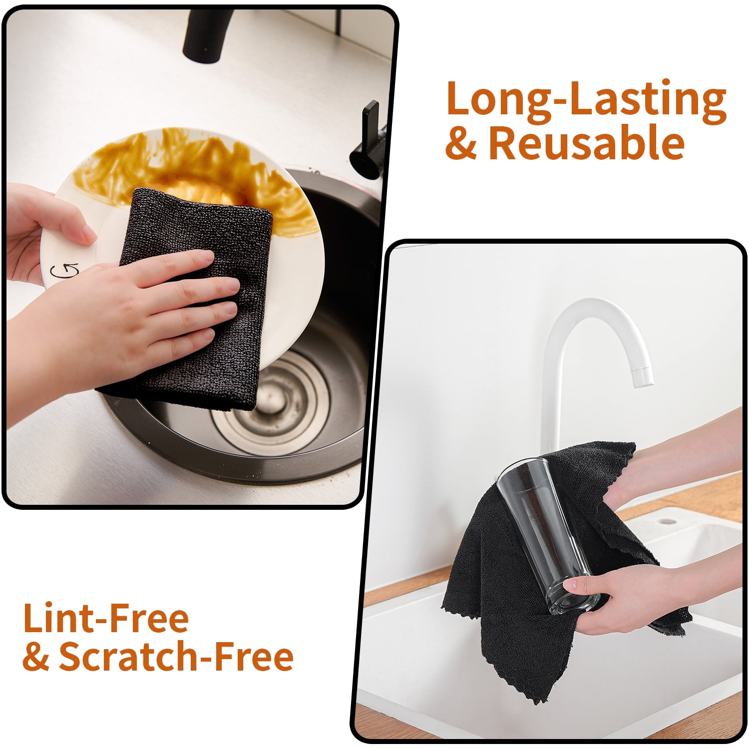 Beartech 80 Pack Microfiber Kitchen Towels Cleaning Cloth Roll,Lint Free Rags & Tear Away Reusable Towels,Washable Shop Rags,Ultra Absorbent Dish Rags for Car Kitchen Window Garage-Black