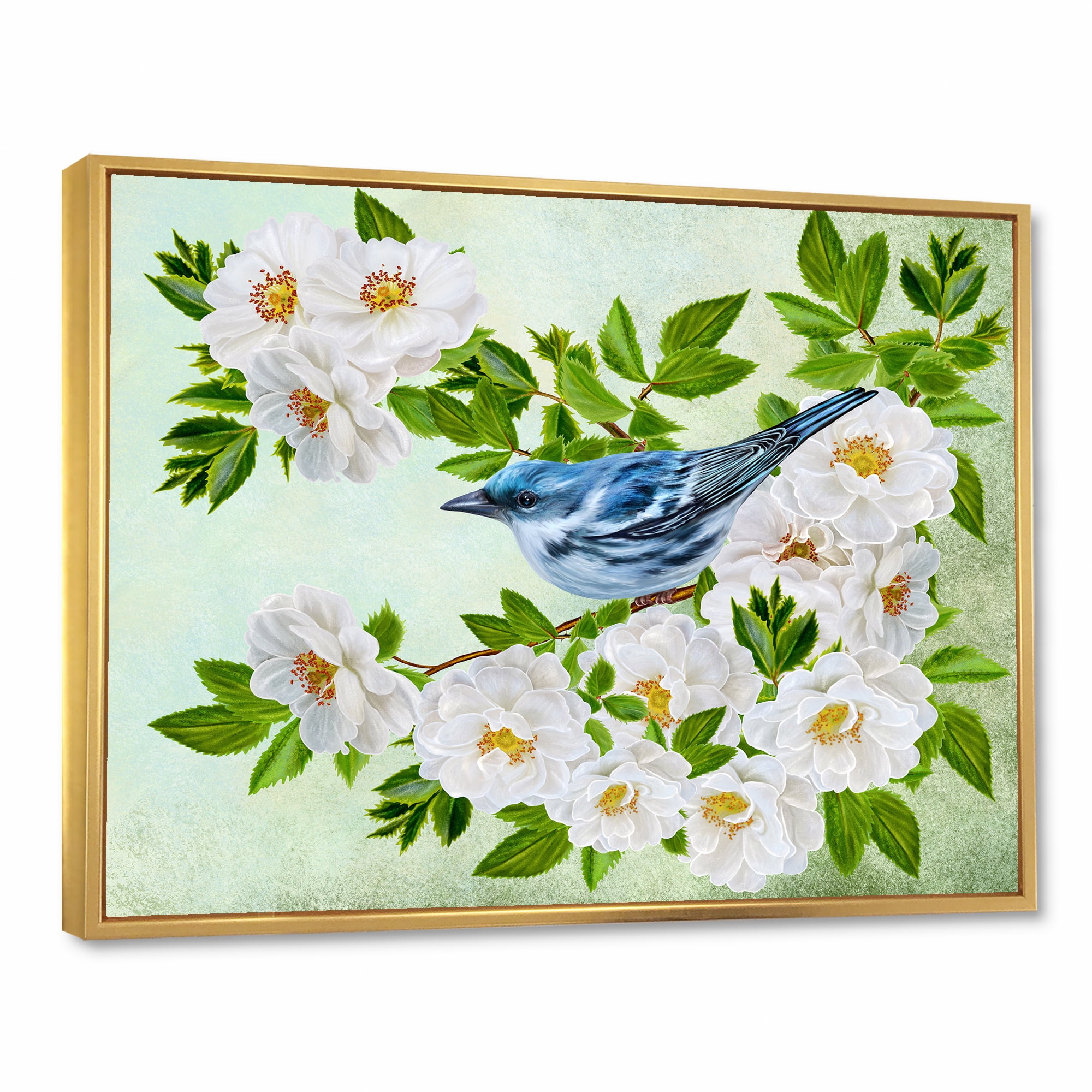 Designart 'Little Blue Bird Sitting On A Branch of White Rose Plant' Traditional Framed Canvas Wall Art Print