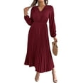 thumbnail image 2 of Women Fall Long Sleeve Dress Casual V Neck Pleated A Line Wine Red S, 2 of 7