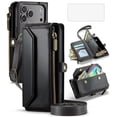 thumbnail image 1 of Asuwish Compatible with iPhone 17 Pro 6.3 inch Zipper Wallet Phone Case Tempered Glass Screen Protector Crossbody Lanyard Strap Flip Card Holder Slot Cell Cover for i Phone17 i17 17Pro Women Black, 1 of 8