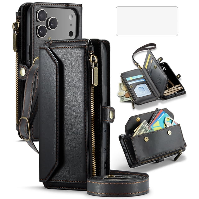 Asuwish Compatible with iPhone 17 Pro 6.3 inch Zipper Wallet Phone Case Tempered Glass Screen Protector Crossbody Lanyard Strap Flip Card Holder Slot Cell Cover for i Phone17 i17 17Pro Women Black