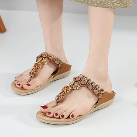 

DAETIROS Sandals for Women- Prevalent Flower Rhinestones Summer 0pen Toe Beach Bohemian Womens Sandals Brown Size 8.5