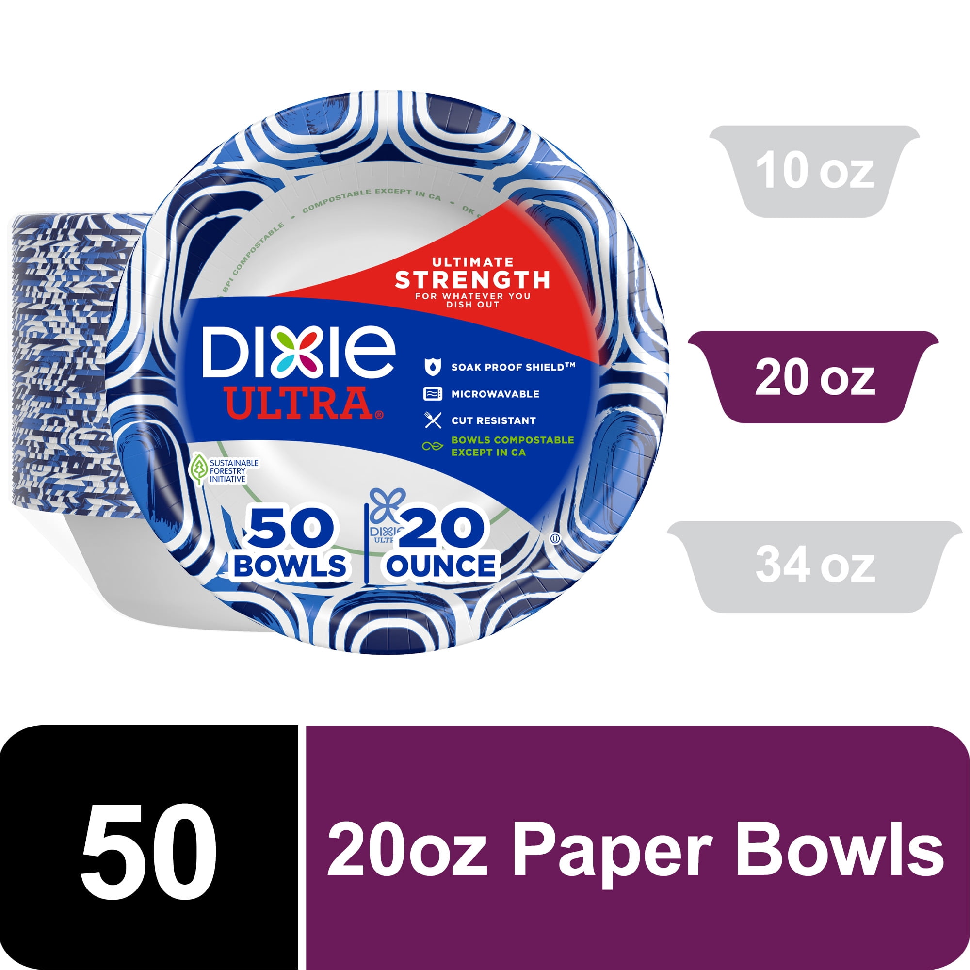 (4 pack) Dixie Ultra Disposable Paper Bowls, 20 oz, Multi-Color, 50 Count
