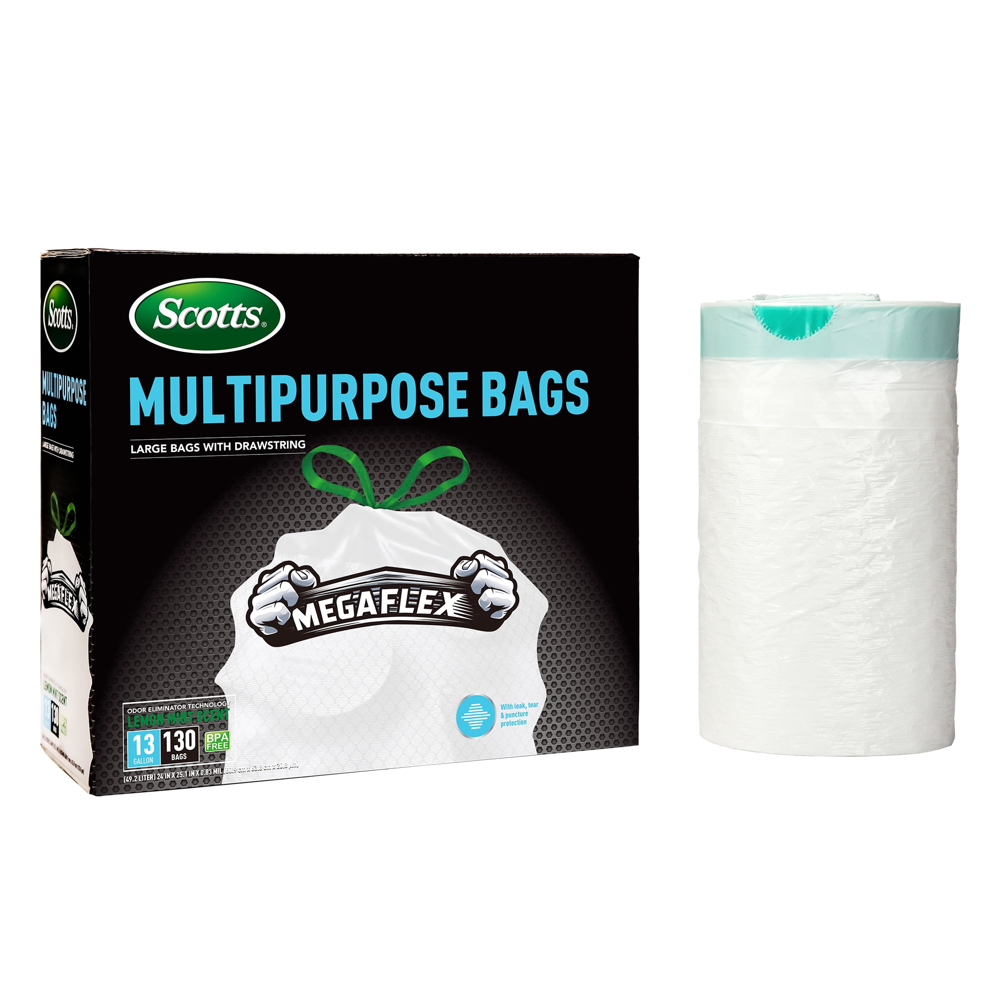 Scotts 13 Gallon Kitchen Trash Bags, Drawstring, White Tall Garbage Bags, Lemon Scented, 130 Count